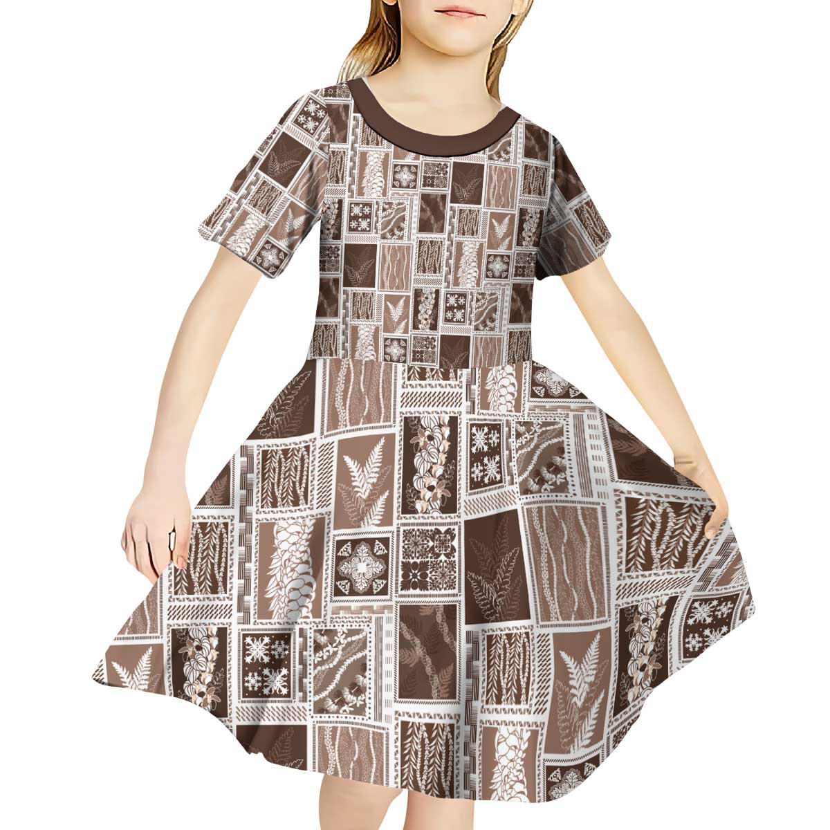 Vintage Aloha Block Quilt Kid Short Sleeve Dress Beige Inspired Lei Motifs - Polynesian Pride