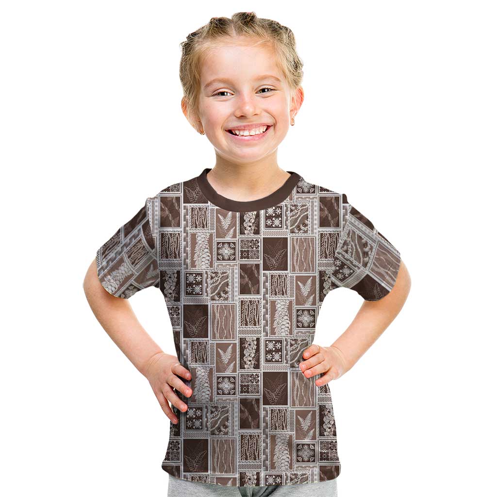 Vintage Aloha Block Quilt Kid T Shirt Beige Inspired Lei Motifs - Polynesian Pride