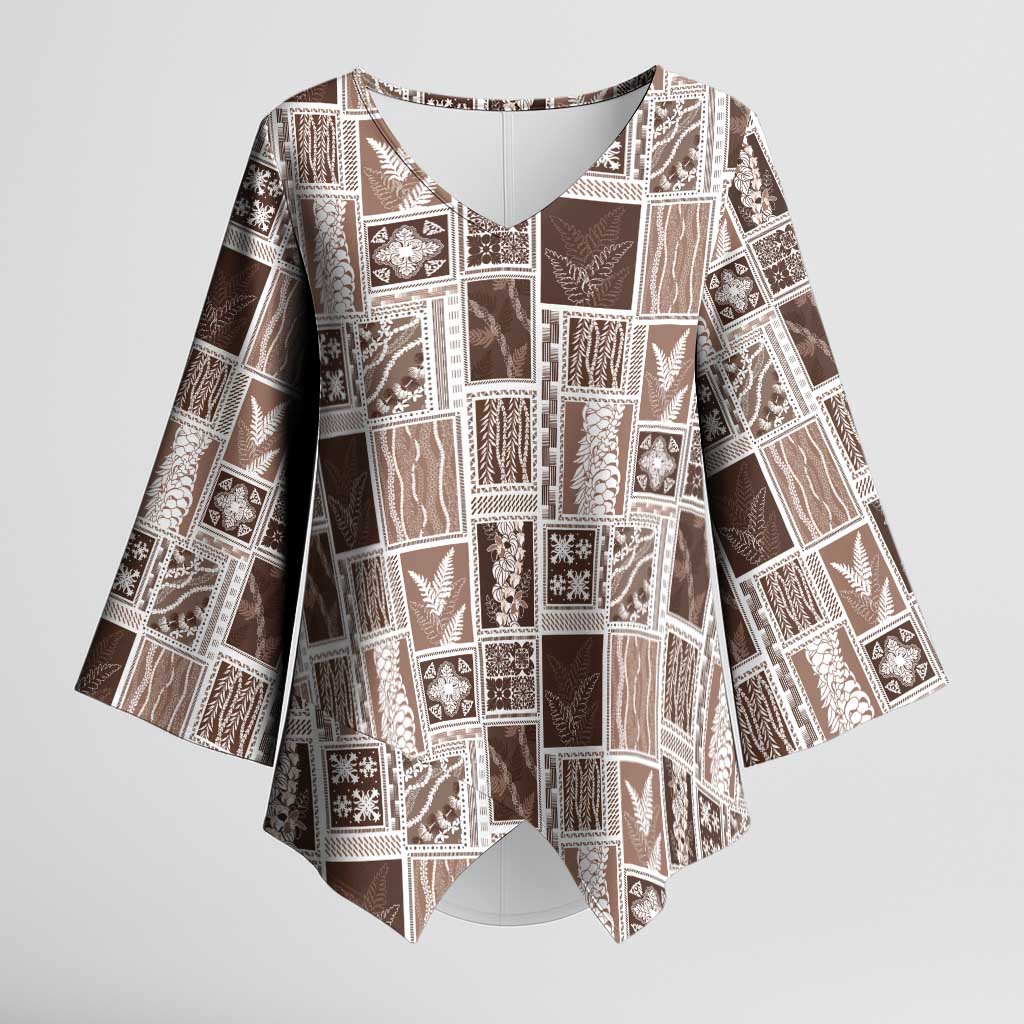Vintage Aloha Block Quilt Kimono Sleeve Blouse Beige Inspired Lei Motifs - Polynesian Pride