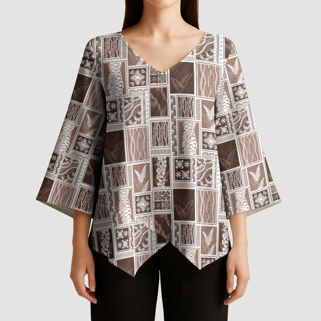 Vintage Aloha Block Quilt Kimono Sleeve Blouse Beige Inspired Lei Motifs - Polynesian Pride