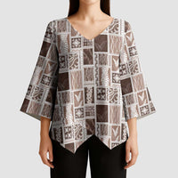 Vintage Aloha Block Quilt Kimono Sleeve Blouse Beige Inspired Lei Motifs - Polynesian Pride