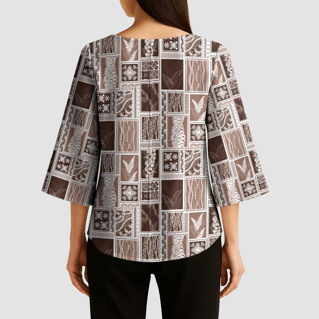 Vintage Aloha Block Quilt Kimono Sleeve Blouse Beige Inspired Lei Motifs - Polynesian Pride