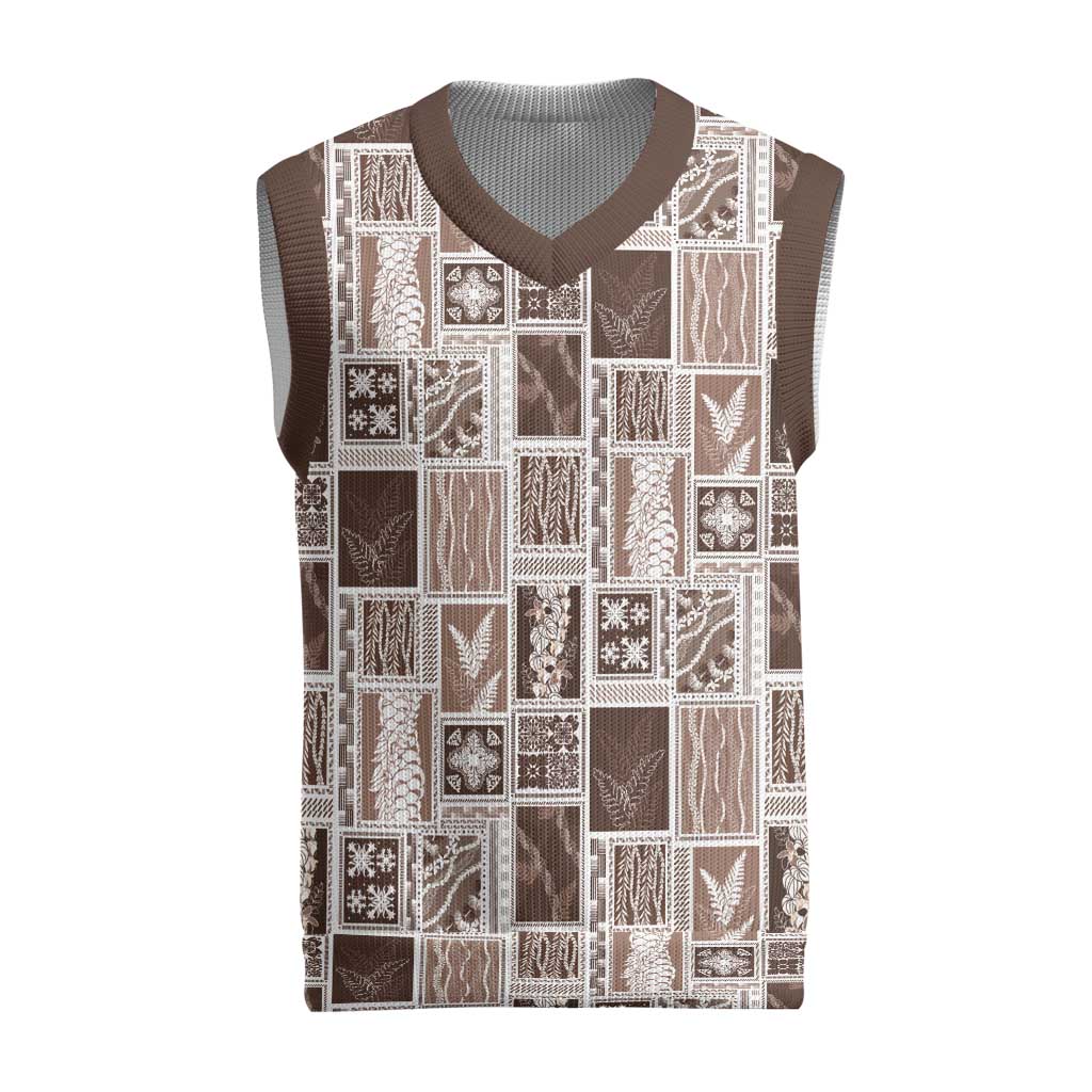Vintage Aloha Block Quilt Christmas Knitted V-Neck Vest Beige Inspired Lei Motifs LT9 Beige - Polynesian Pride