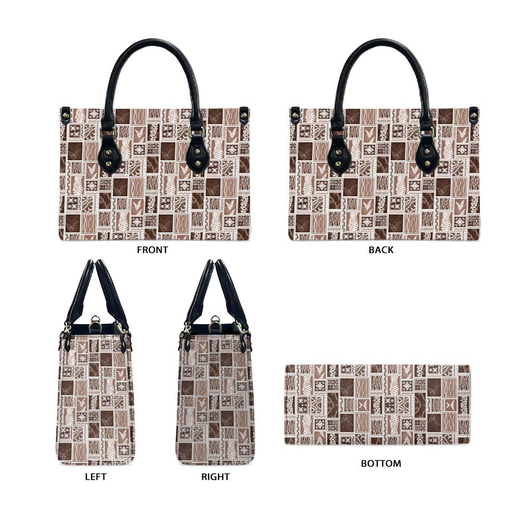 Vintage Aloha Block Quilt Leather Bag Beige Inspired Lei Motifs - Polynesian Pride