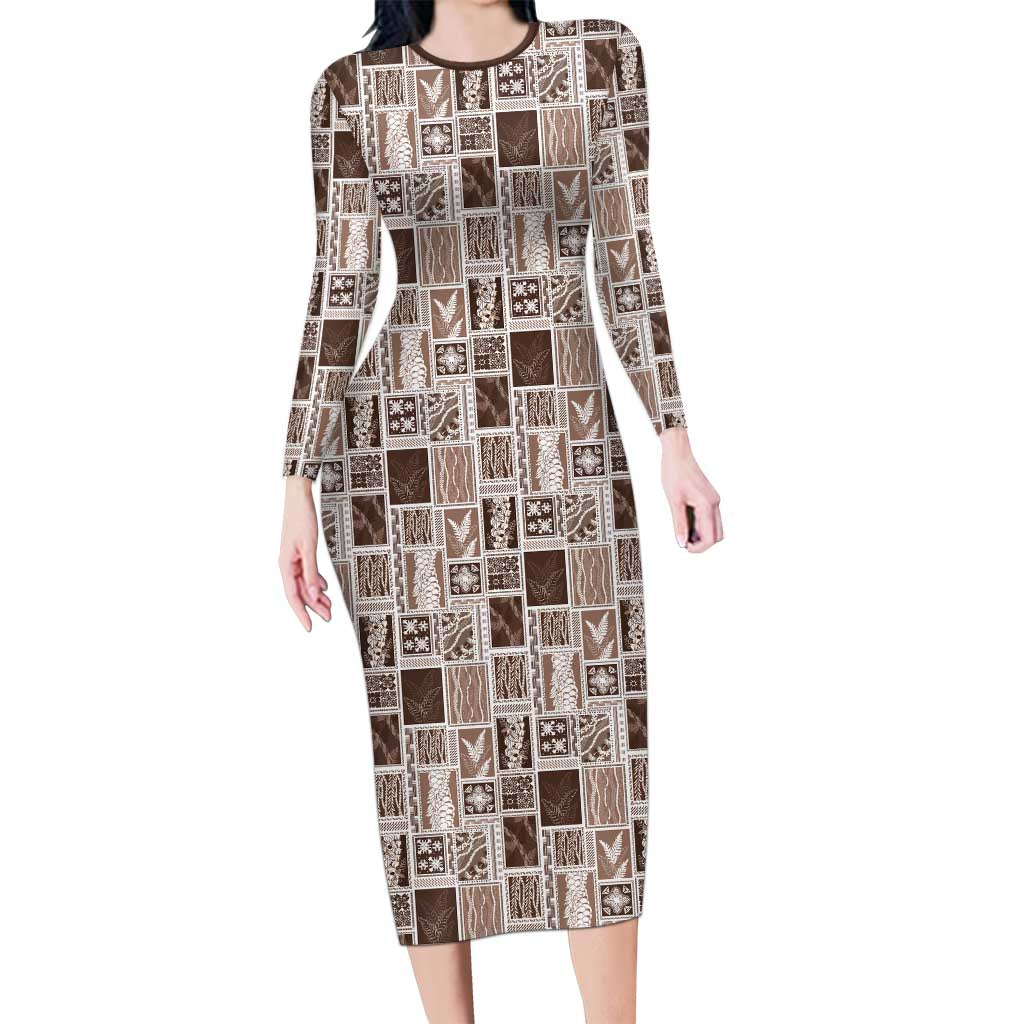 Vintage Aloha Block Quilt Long Sleeve Bodycon Dress Beige Inspired Lei Motifs LT9 Long Dress Beige - Polynesian Pride