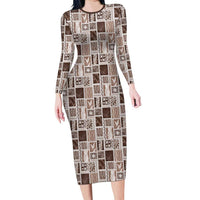 Vintage Aloha Block Quilt Long Sleeve Bodycon Dress Beige Inspired Lei Motifs LT9 Long Dress Beige - Polynesian Pride
