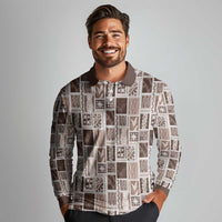 Vintage Aloha Block Quilt Long Sleeve Polo Shirt Beige Inspired Lei Motifs - Polynesian Pride