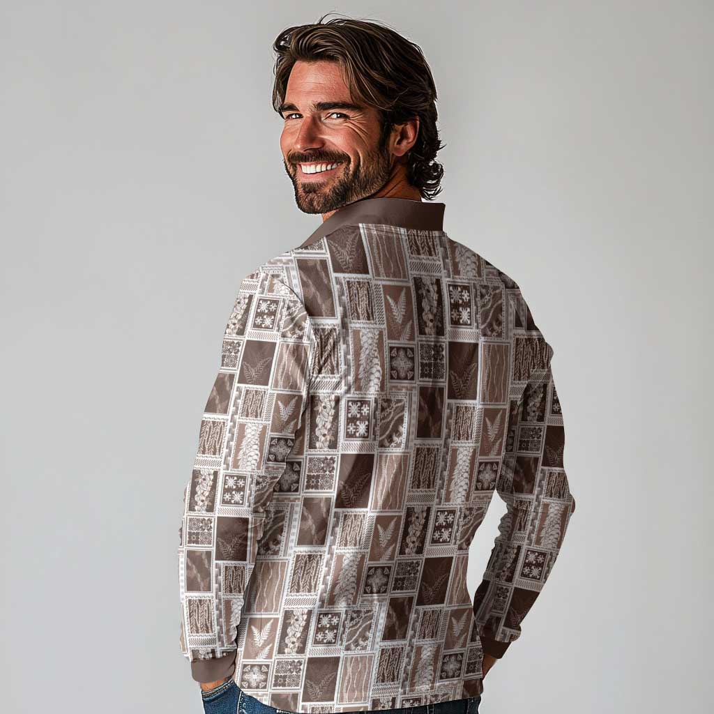 Vintage Aloha Block Quilt Long Sleeve Polo Shirt Beige Inspired Lei Motifs - Polynesian Pride
