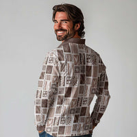 Vintage Aloha Block Quilt Long Sleeve Polo Shirt Beige Inspired Lei Motifs - Polynesian Pride