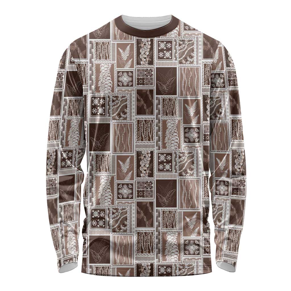 Vintage Aloha Block Quilt Long Sleeve Shirt Beige Inspired Lei Motifs - Polynesian Pride