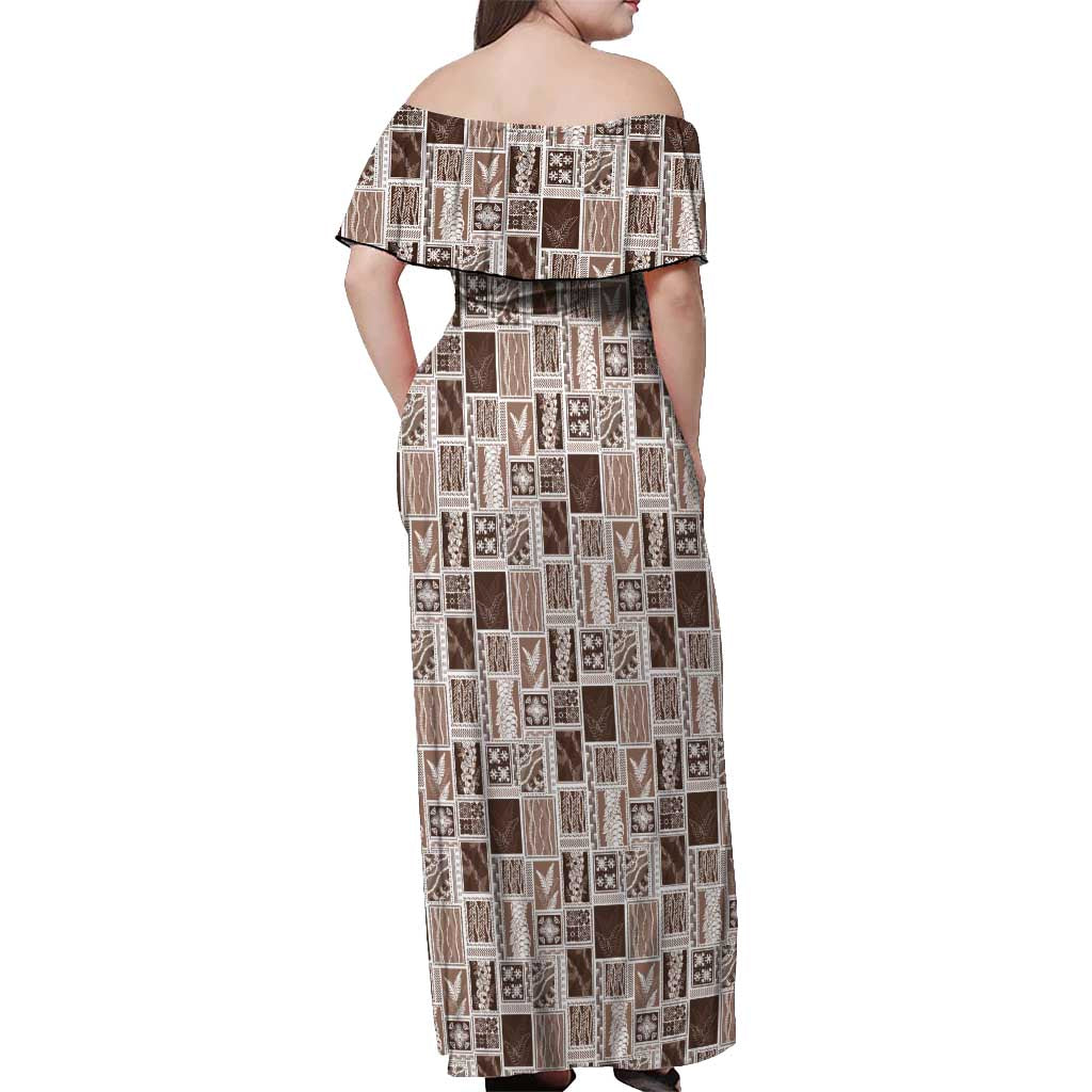 Vintage Aloha Block Quilt Off Shoulder Maxi Dress Beige Inspired Lei Motifs - Polynesian Pride