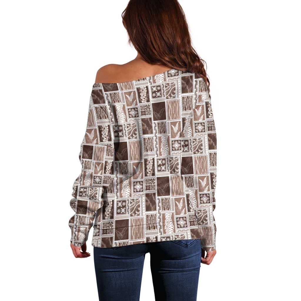 Vintage Aloha Block Quilt Off Shoulder Sweater Beige Inspired Lei Motifs - Polynesian Pride