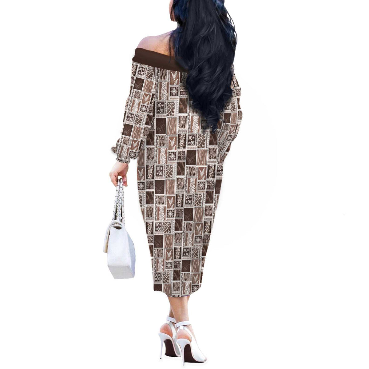 Vintage Aloha Block Quilt Off The Shoulder Long Sleeve Dress Beige Inspired Lei Motifs LT9 - Polynesian Pride