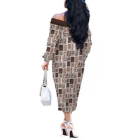 Vintage Aloha Block Quilt Off The Shoulder Long Sleeve Dress Beige Inspired Lei Motifs LT9 - Polynesian Pride