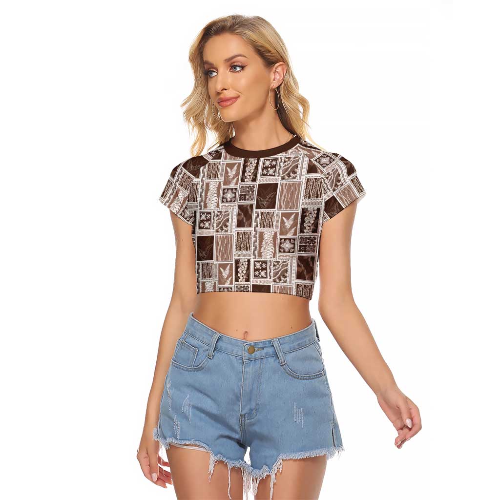 Vintage Aloha Block Quilt Raglan Cropped T Shirt Beige Inspired Lei Motifs - Polynesian Pride