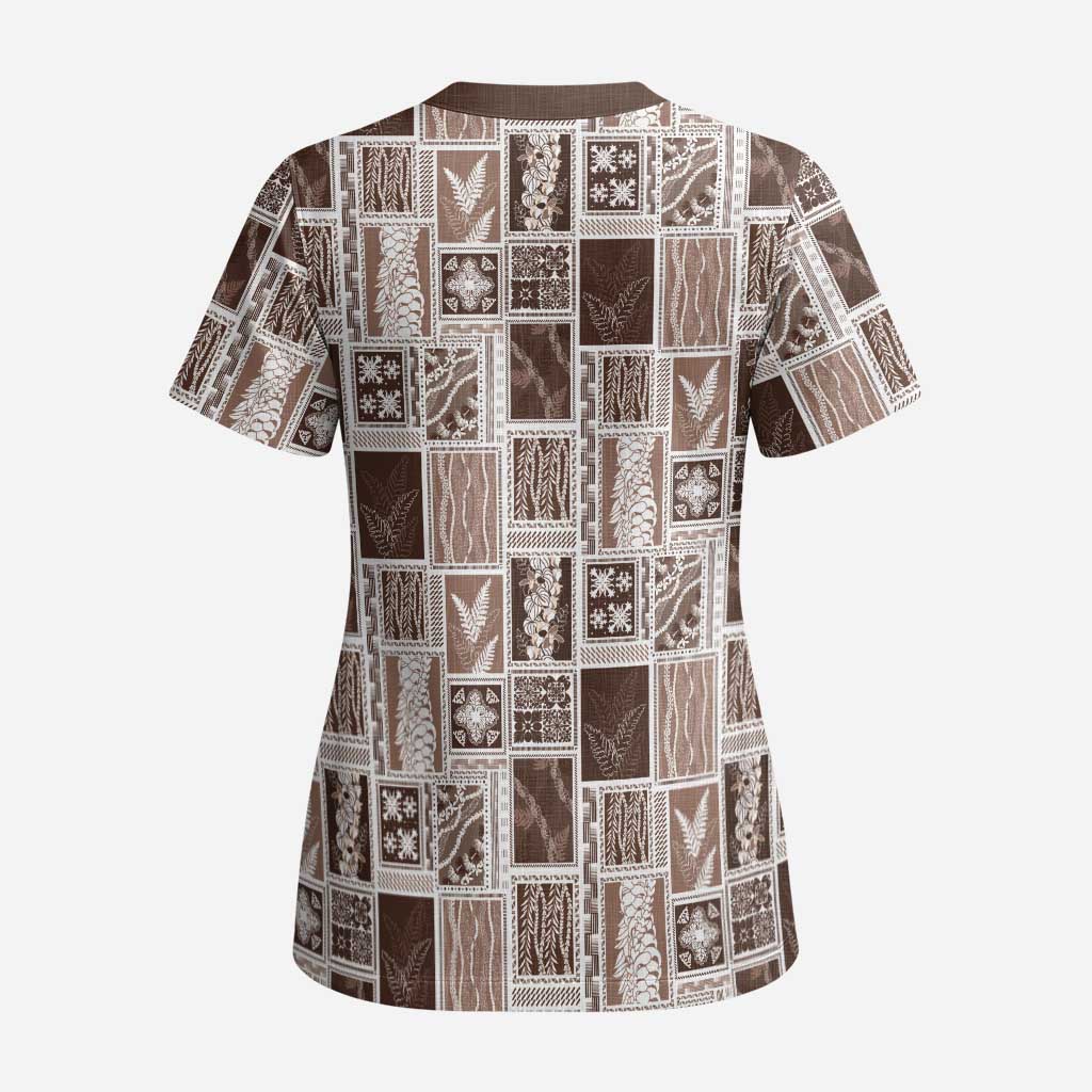 Vintage Aloha Block Quilt Scrub Top Beige Inspired Lei Motifs - Polynesian Pride