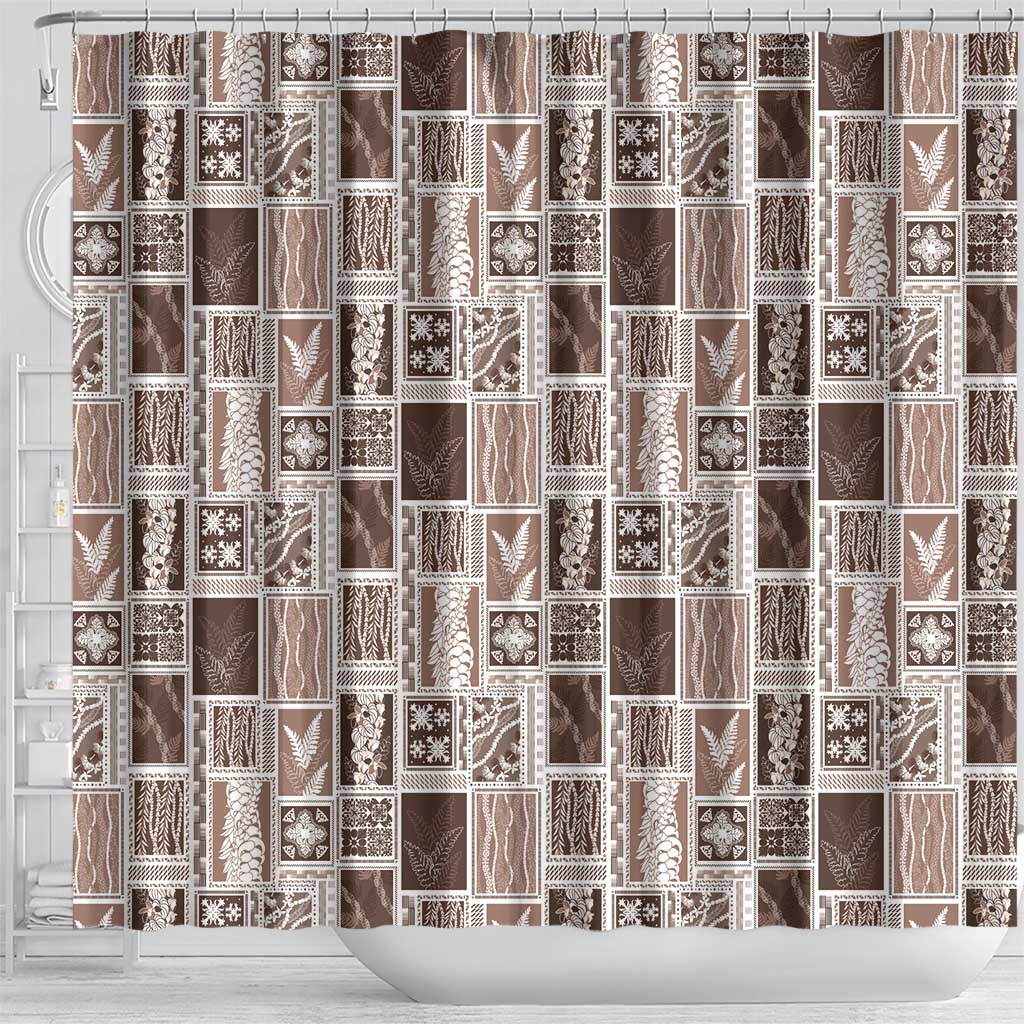 Vintage Aloha Block Quilt Shower Curtain Beige Inspired Lei Motifs - Polynesian Pride