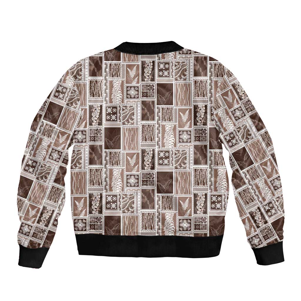 Vintage Aloha Block Quilt Sleeve Zip Bomber Jacket Beige Inspired Lei Motifs - Polynesian Pride