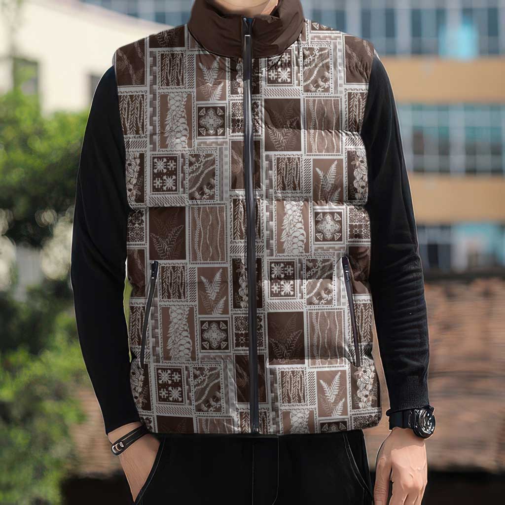 Vintage Aloha Block Quilt Sleeveless Puffer Jacket Beige Inspired Lei Motifs - Polynesian Pride