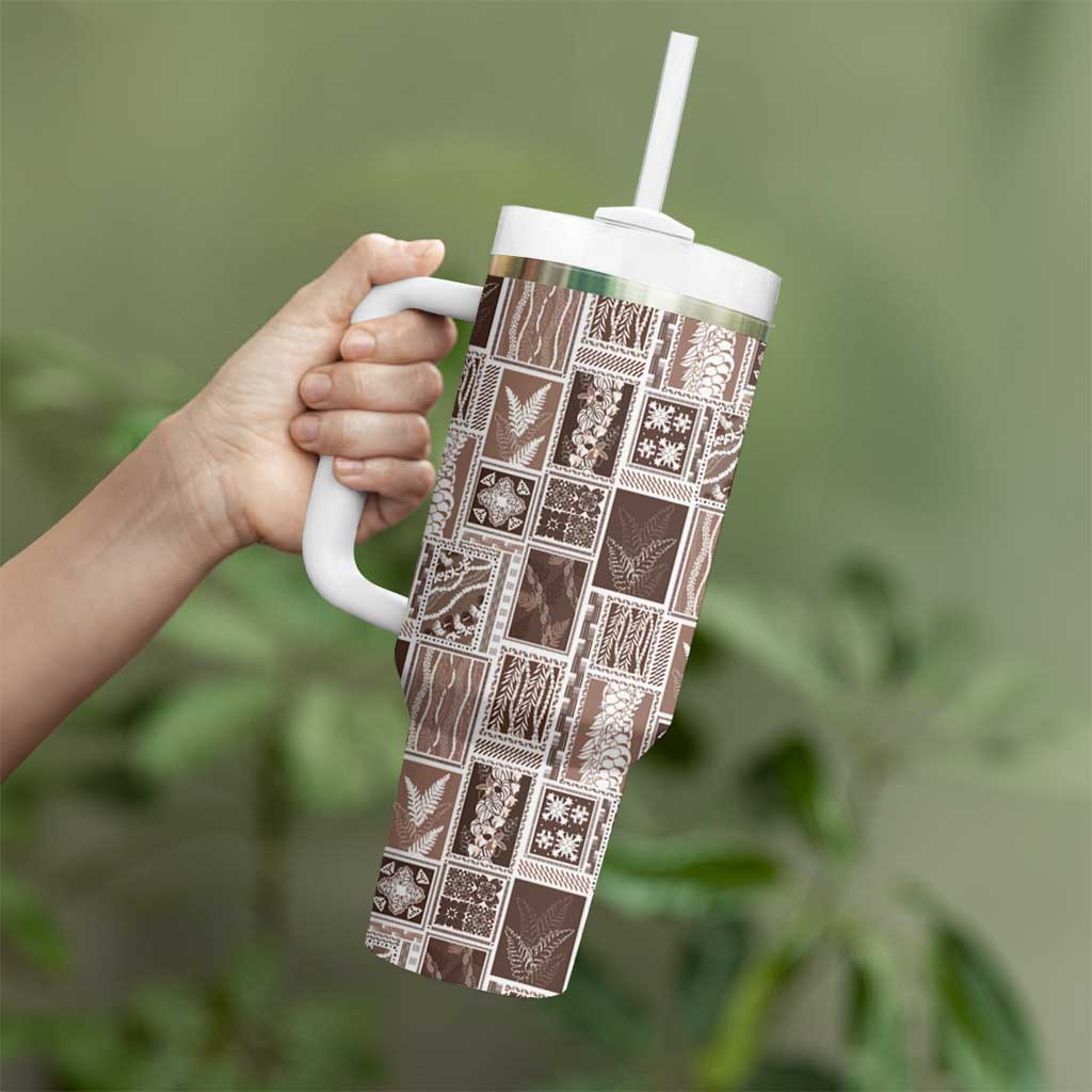 Vintage Aloha Block Quilt Tumbler With Handle Beige Inspired Lei Motifs - Polynesian Pride