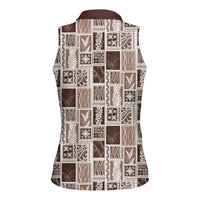 Vintage Aloha Block Quilt Women Sleeveless Polo Shirt Beige Inspired Lei Motifs LT9 - Polynesian Pride