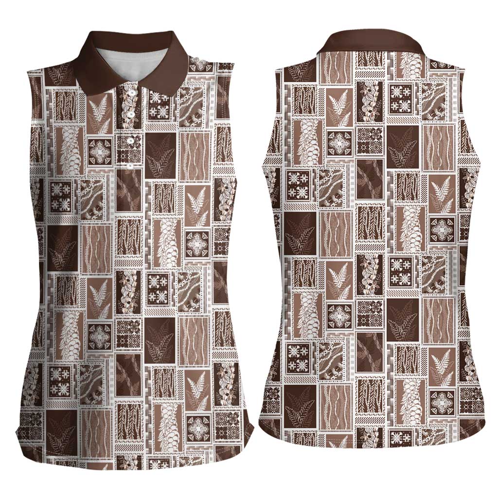 Vintage Aloha Block Quilt Women Sleeveless Polo Shirt Beige Inspired Lei Motifs LT9 - Polynesian Pride