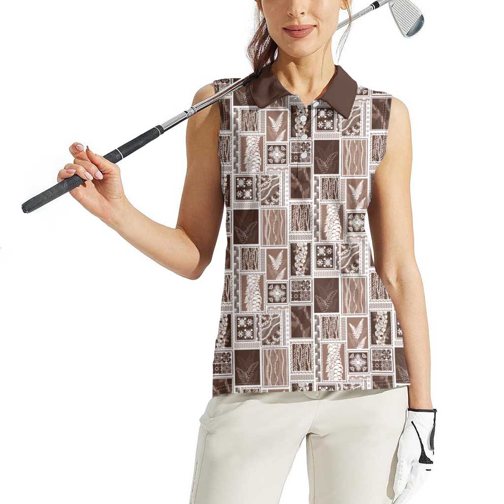 Vintage Aloha Block Quilt Women Sleeveless Polo Shirt Beige Inspired Lei Motifs LT9 - Polynesian Pride
