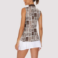 Vintage Aloha Block Quilt Women Sleeveless Polo Shirt Beige Inspired Lei Motifs LT9 - Polynesian Pride