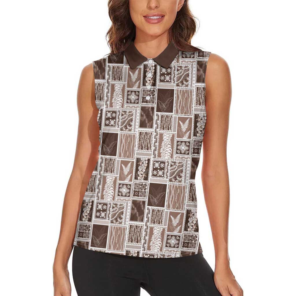 Vintage Aloha Block Quilt Women Sleeveless Polo Shirt Beige Inspired Lei Motifs LT9 - Polynesian Pride