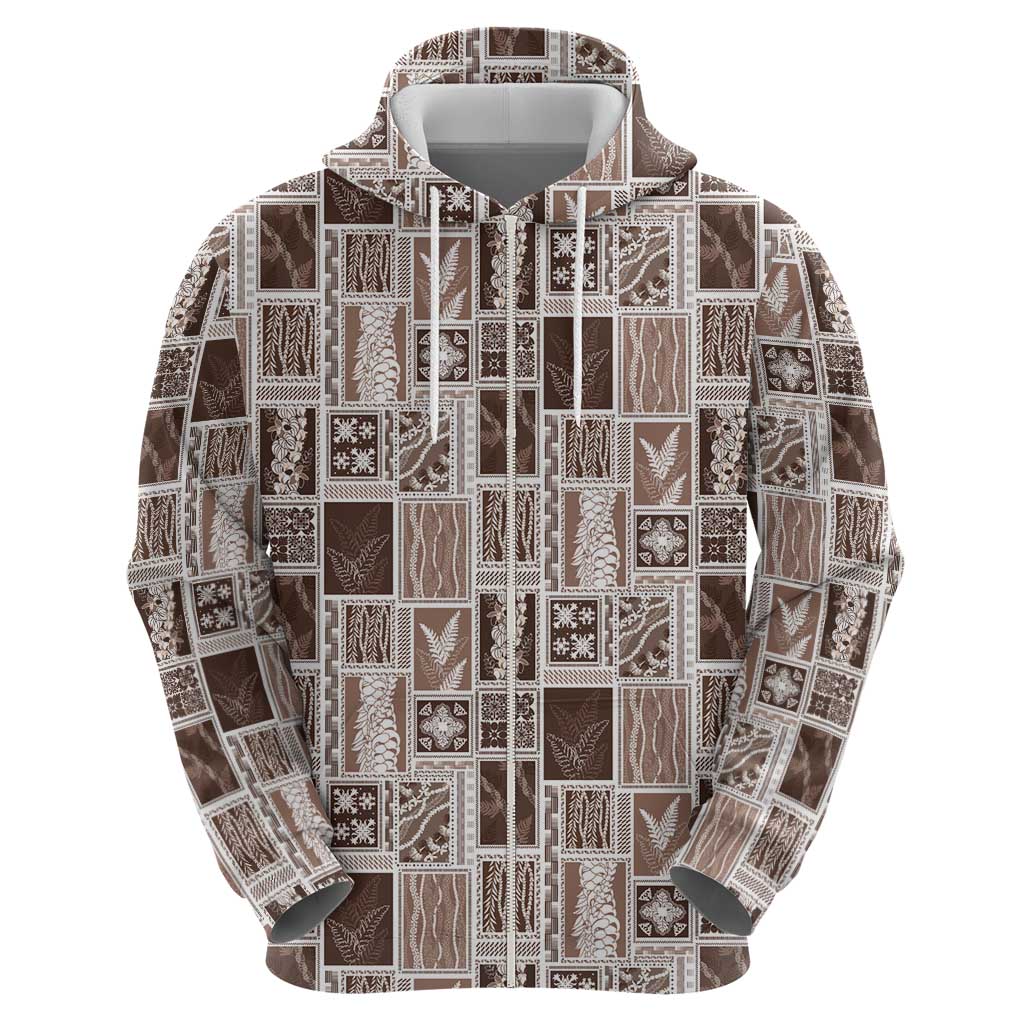 Vintage Aloha Block Quilt Zip Hoodie Beige Inspired Lei Motifs - Polynesian Pride