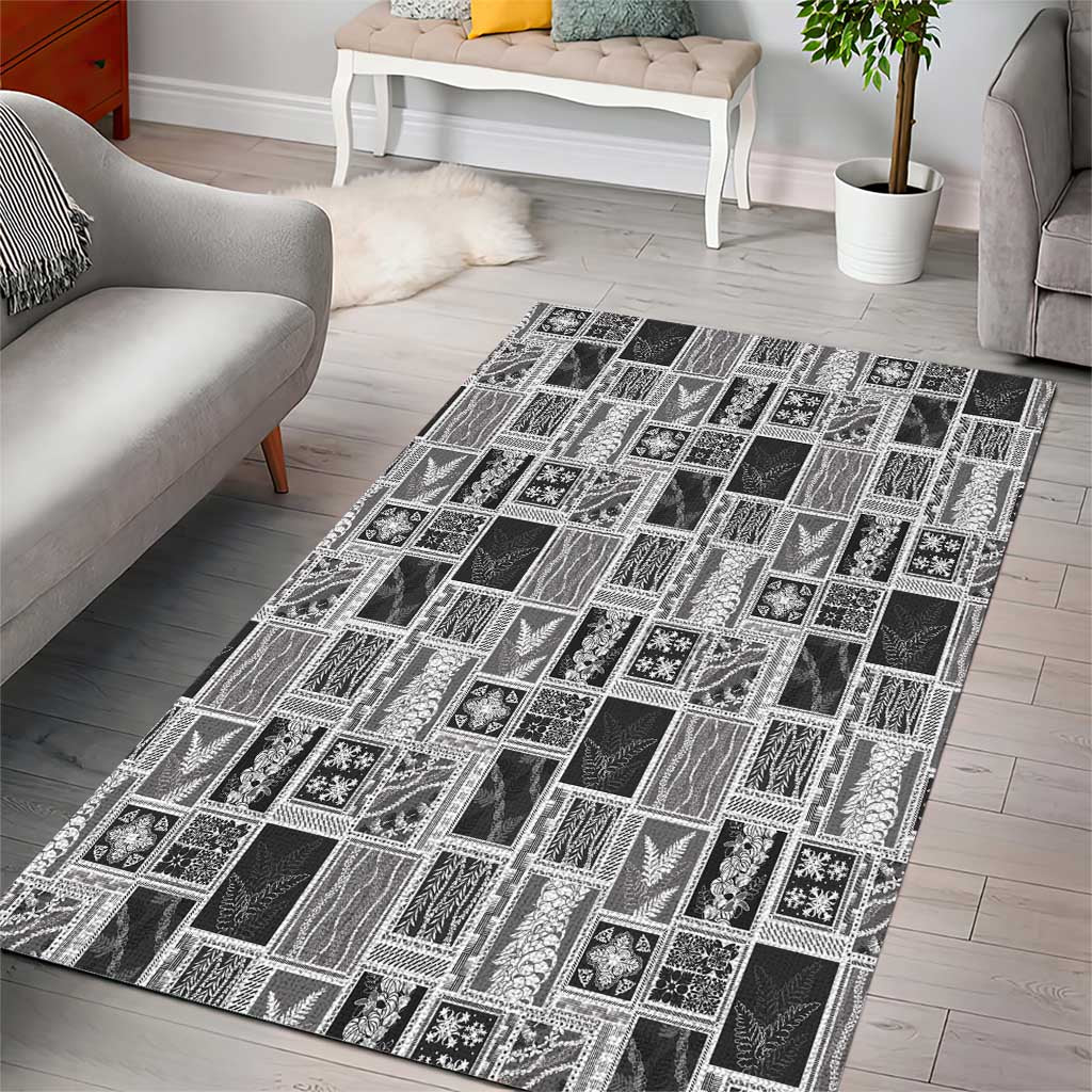 Vintage Aloha Block Quilt Area Rug Black Inspired Lei Motifs - Polynesian Pride