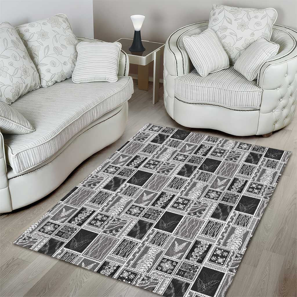 Vintage Aloha Block Quilt Area Rug Black Inspired Lei Motifs - Polynesian Pride