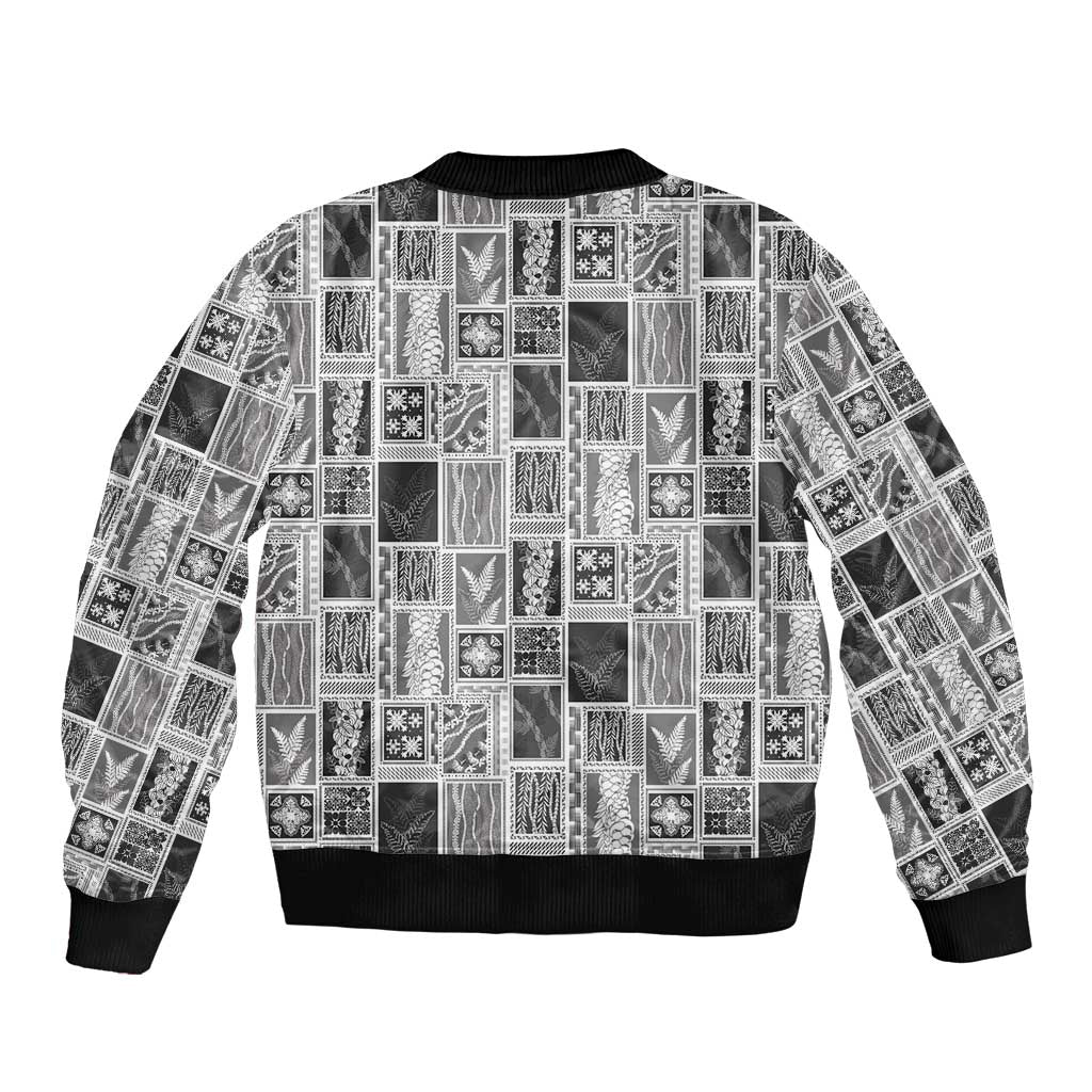 Vintage Aloha Block Quilt Bomber Jacket Black Inspired Lei Motifs - Polynesian Pride