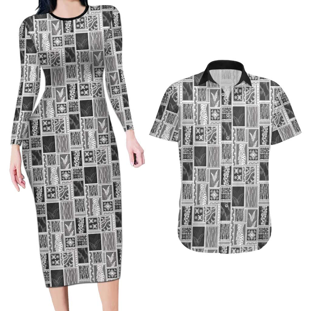 Vintage Aloha Block Quilt Couples Matching Long Sleeve Bodycon Dress and Hawaiian Shirt Black Inspired Lei Motifs - Polynesian Pride