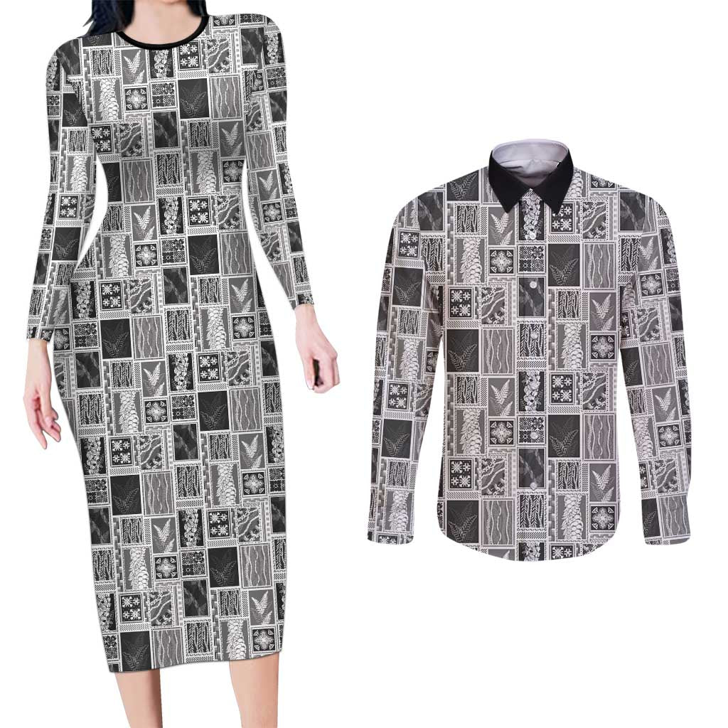 Vintage Aloha Block Quilt Couples Matching Long Sleeve Bodycon Dress and Long Sleeve Button Shirt Black Inspired Lei Motifs LT9 Black - Polynesian Pride