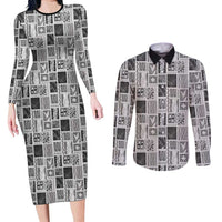 Vintage Aloha Block Quilt Couples Matching Long Sleeve Bodycon Dress and Long Sleeve Button Shirt Black Inspired Lei Motifs LT9 Black - Polynesian Pride