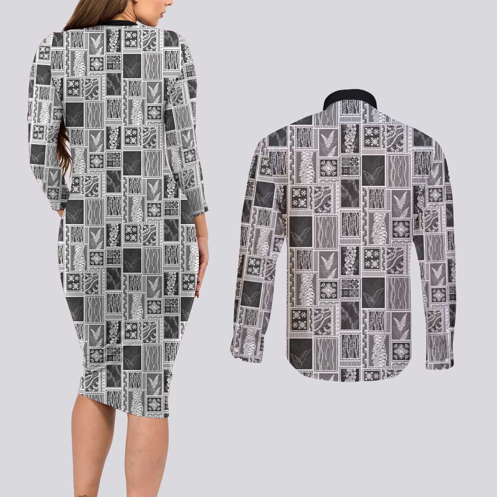 Vintage Aloha Block Quilt Couples Matching Long Sleeve Bodycon Dress and Long Sleeve Button Shirt Black Inspired Lei Motifs LT9 - Polynesian Pride