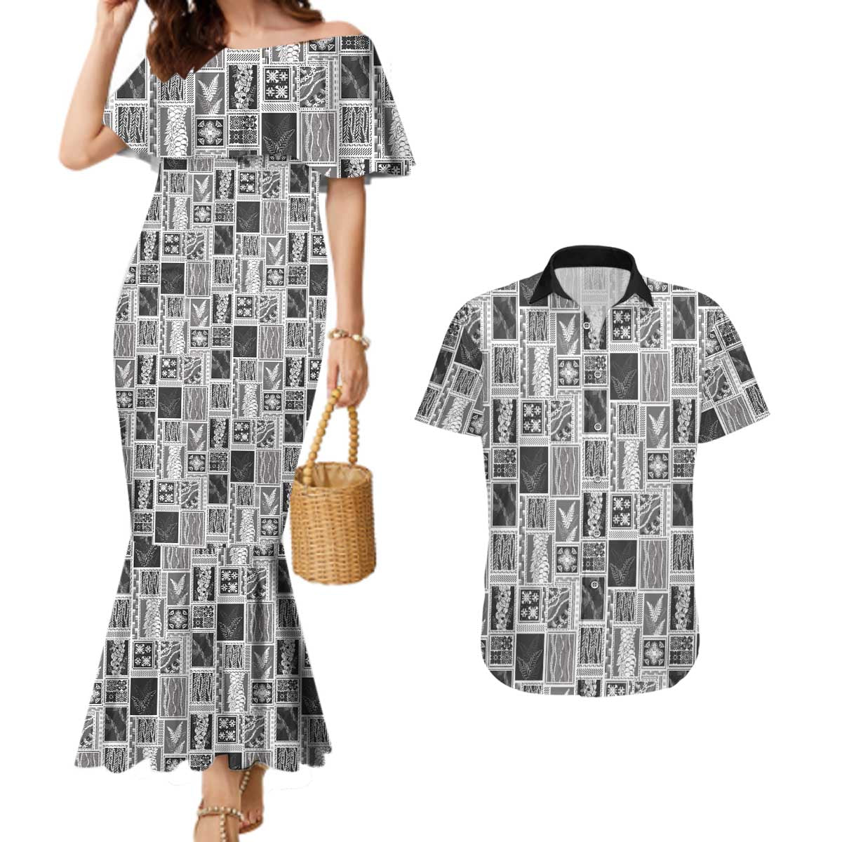 Vintage Aloha Block Quilt Couples Matching Mermaid Dress and Hawaiian Shirt Black Inspired Lei Motifs - Polynesian Pride
