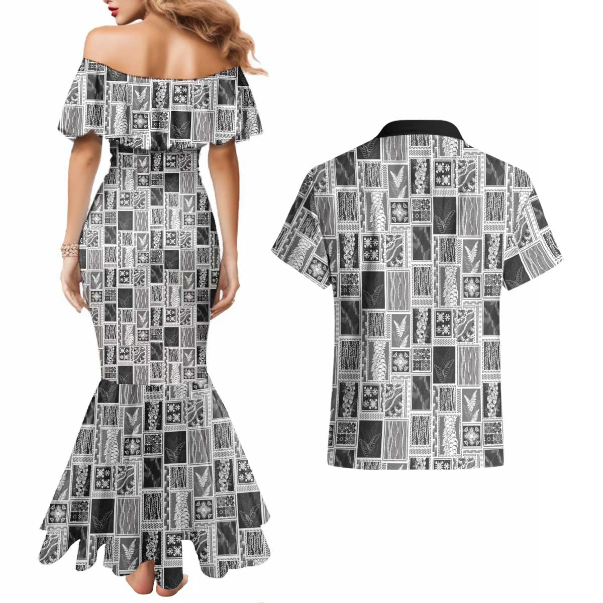 Vintage Aloha Block Quilt Couples Matching Mermaid Dress and Hawaiian Shirt Black Inspired Lei Motifs LT9 - Polynesian Pride