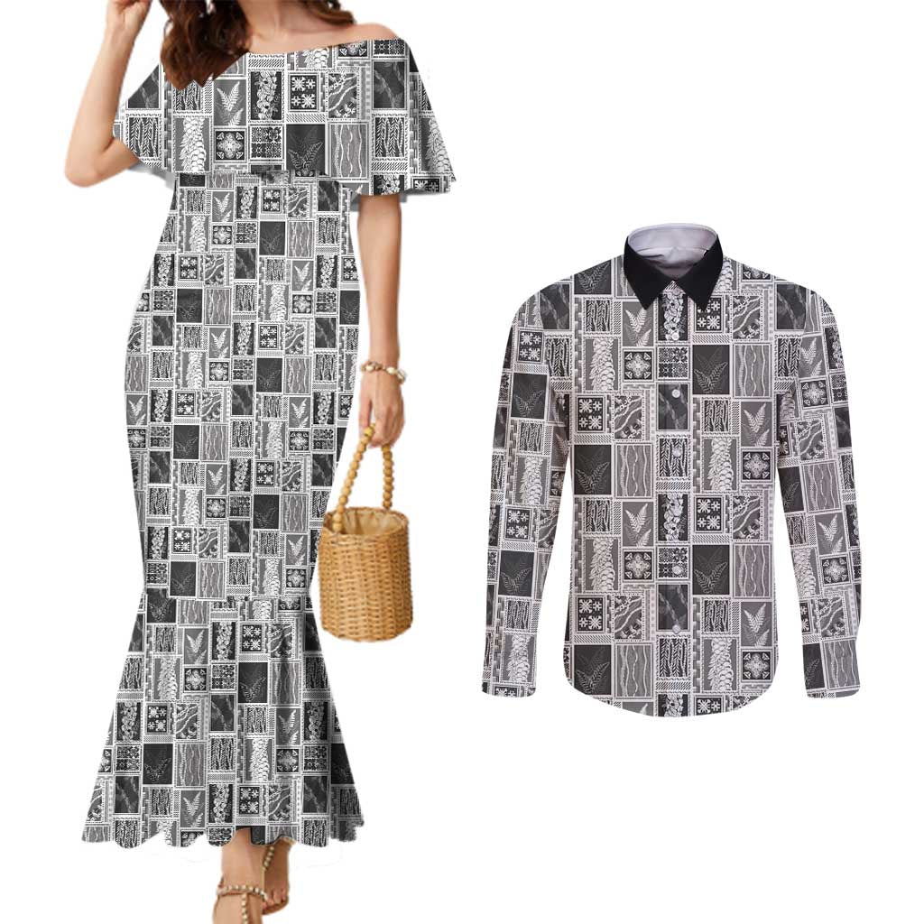 Vintage Aloha Block Quilt Couples Matching Mermaid Dress and Long Sleeve Button Shirt Black Inspired Lei Motifs - Polynesian Pride