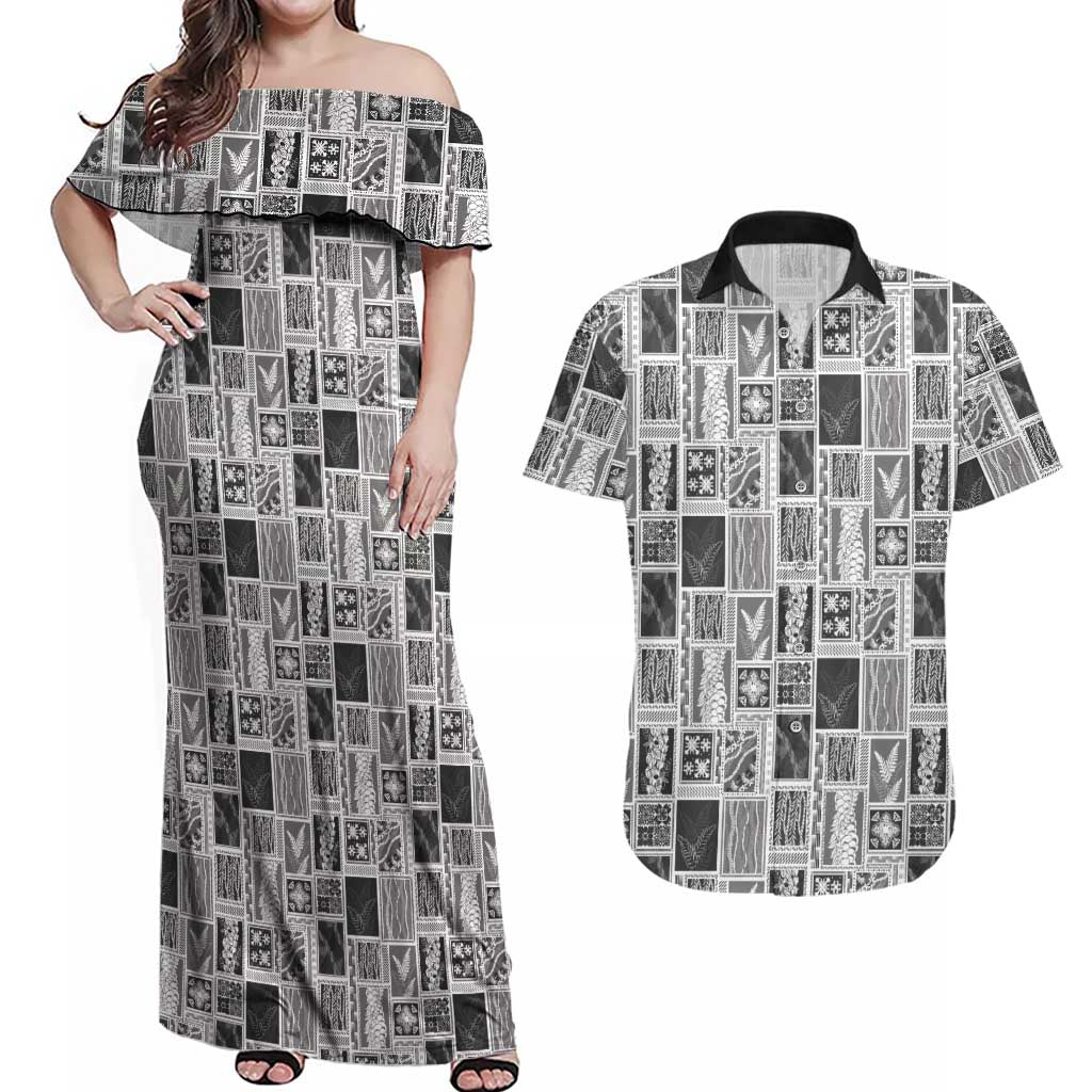 Vintage Aloha Block Quilt Couples Matching Off Shoulder Maxi Dress and Hawaiian Shirt Black Inspired Lei Motifs LT9 Black - Polynesian Pride