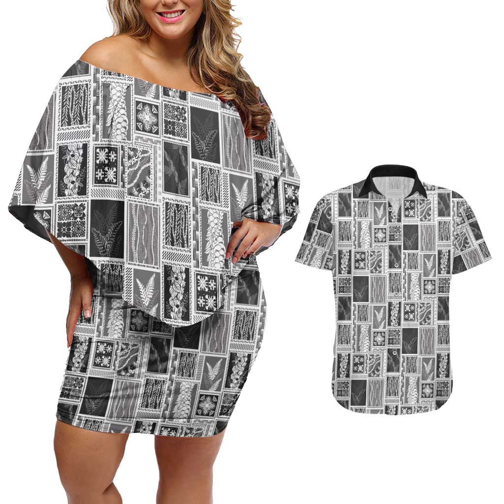 Vintage Aloha Block Quilt Couples Matching Off Shoulder Short Dress and Hawaiian Shirt Black Inspired Lei Motifs LT9 Black - Polynesian Pride