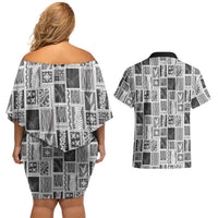 Vintage Aloha Block Quilt Couples Matching Off Shoulder Short Dress and Hawaiian Shirt Black Inspired Lei Motifs LT9 - Polynesian Pride