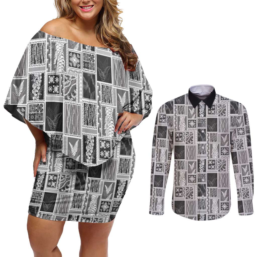 Vintage Aloha Block Quilt Couples Matching Off Shoulder Short Dress and Long Sleeve Button Shirt Black Inspired Lei Motifs LT9 Black - Polynesian Pride