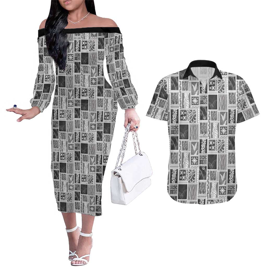 Vintage Aloha Block Quilt Couples Matching Off The Shoulder Long Sleeve Dress and Hawaiian Shirt Black Inspired Lei Motifs - Polynesian Pride