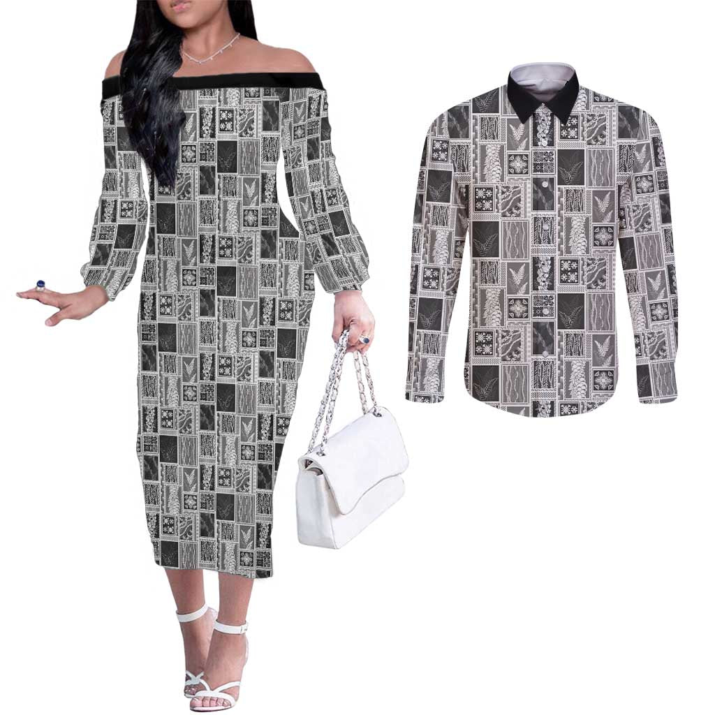 Vintage Aloha Block Quilt Couples Matching Off The Shoulder Long Sleeve Dress and Long Sleeve Button Shirt Black Inspired Lei Motifs LT9 Black - Polynesian Pride