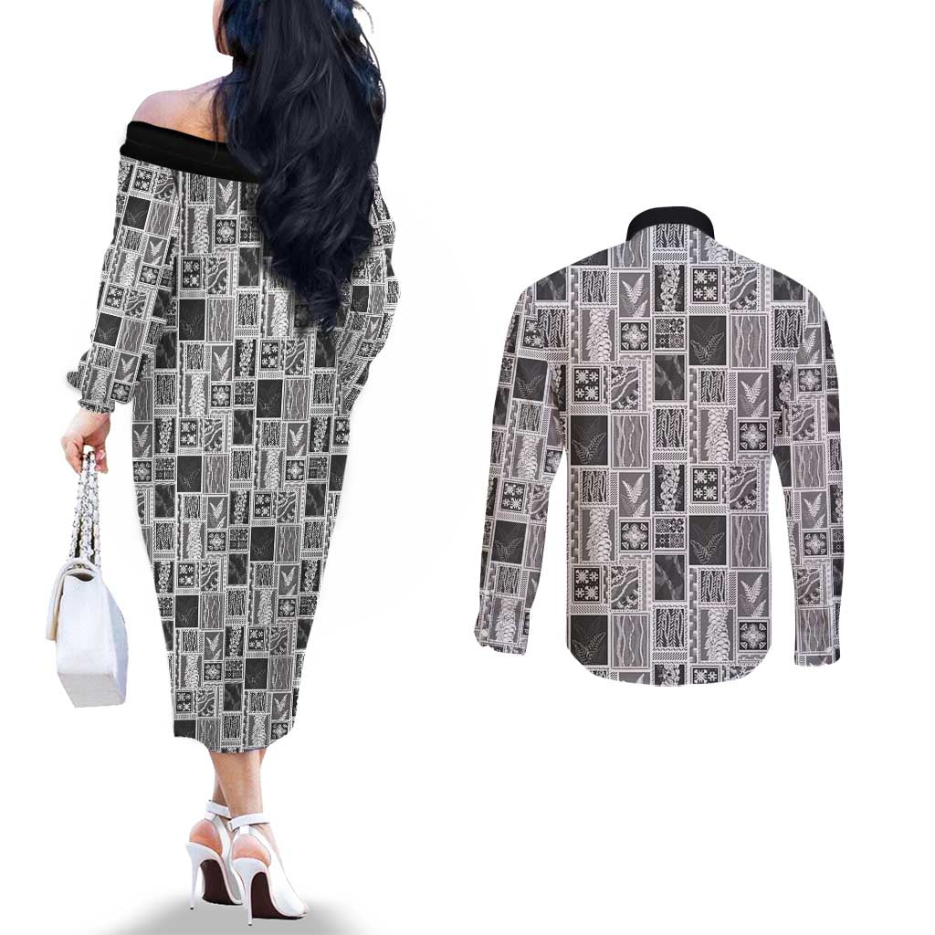 Vintage Aloha Block Quilt Couples Matching Off The Shoulder Long Sleeve Dress and Long Sleeve Button Shirt Black Inspired Lei Motifs LT9 - Polynesian Pride