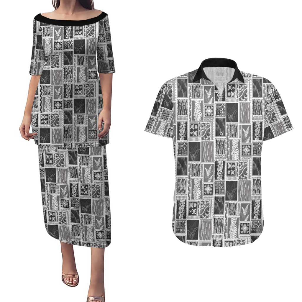 Vintage Aloha Block Quilt Couples Matching Puletasi and Hawaiian Shirt Black Inspired Lei Motifs LT9 Black - Polynesian Pride