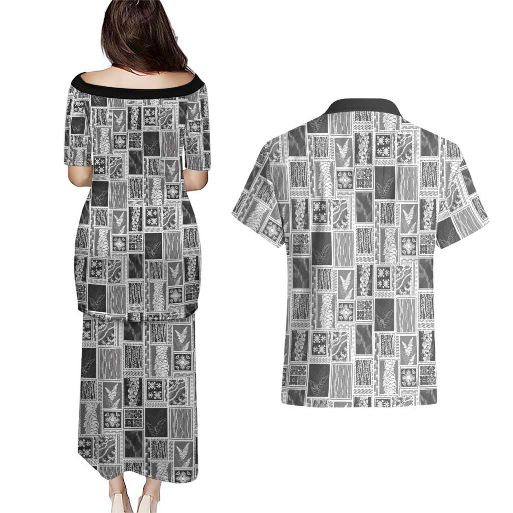 Vintage Aloha Block Quilt Couples Matching Puletasi and Hawaiian Shirt Black Inspired Lei Motifs LT9 - Polynesian Pride