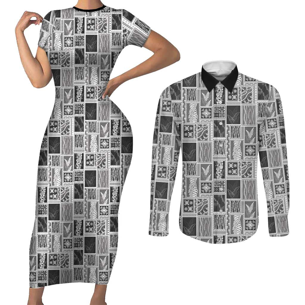 Vintage Aloha Block Quilt Couples Matching Short Sleeve Bodycon Dress and Long Sleeve Button Shirt Black Inspired Lei Motifs LT9 Black - Polynesian Pride